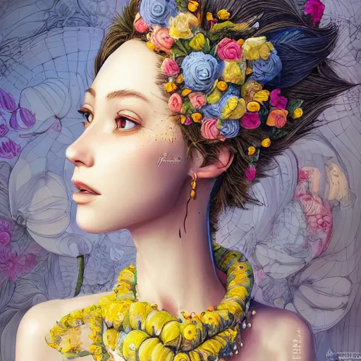 Prompt: the portrait of an absurdly beautiful, graceful, elegant innocent woman made of bananas and petals looking up, an ultrafine detailed illustration by kim jung gi, irakli nadar, intricate linework, bright colors, octopath traveler, final fantasy, angular, unreal engine 5 highly rendered, global illumination, radiant light, detailed and intricate environment