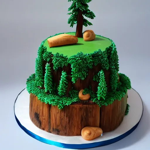 Image similar to Birthday cake with Cedar tree in background, detailed, exciting