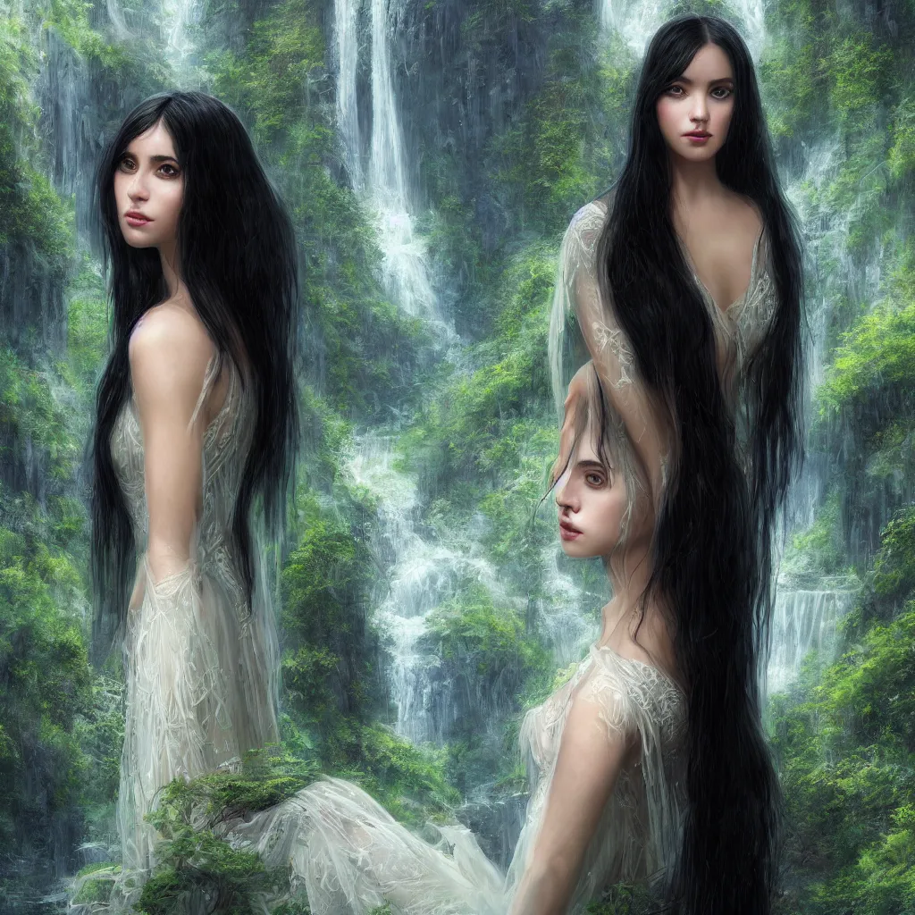 Image similar to Intricate picture of a single 25 years old Paludnitsa in a lush fjord. Long black hair, perfect face, beautiful eyes, intricate white dress, smooth, vivid colors, highly detailed, dreamlike, digital art by Eddie Mendoza, 4k, very wide shot.