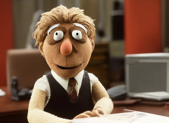 Prompt: film still of Robert California as a muppet from The Office, 4k