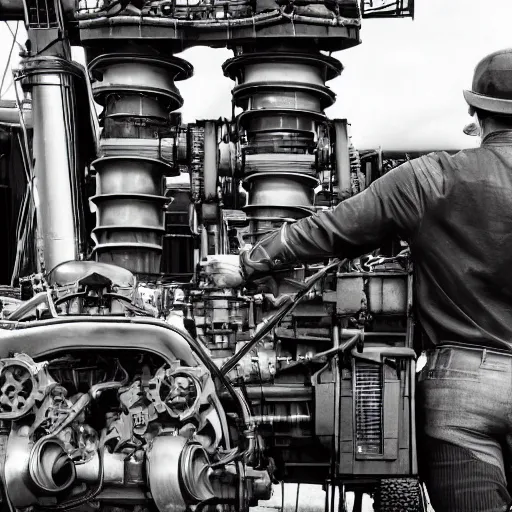 Image similar to a man with engines growing out of his back, man engine, man and machine