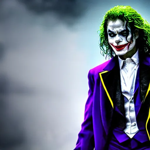 Image similar to stunning awe inspiring michael jackson as the joker, movie still 8 k hdr atmospheric lighting