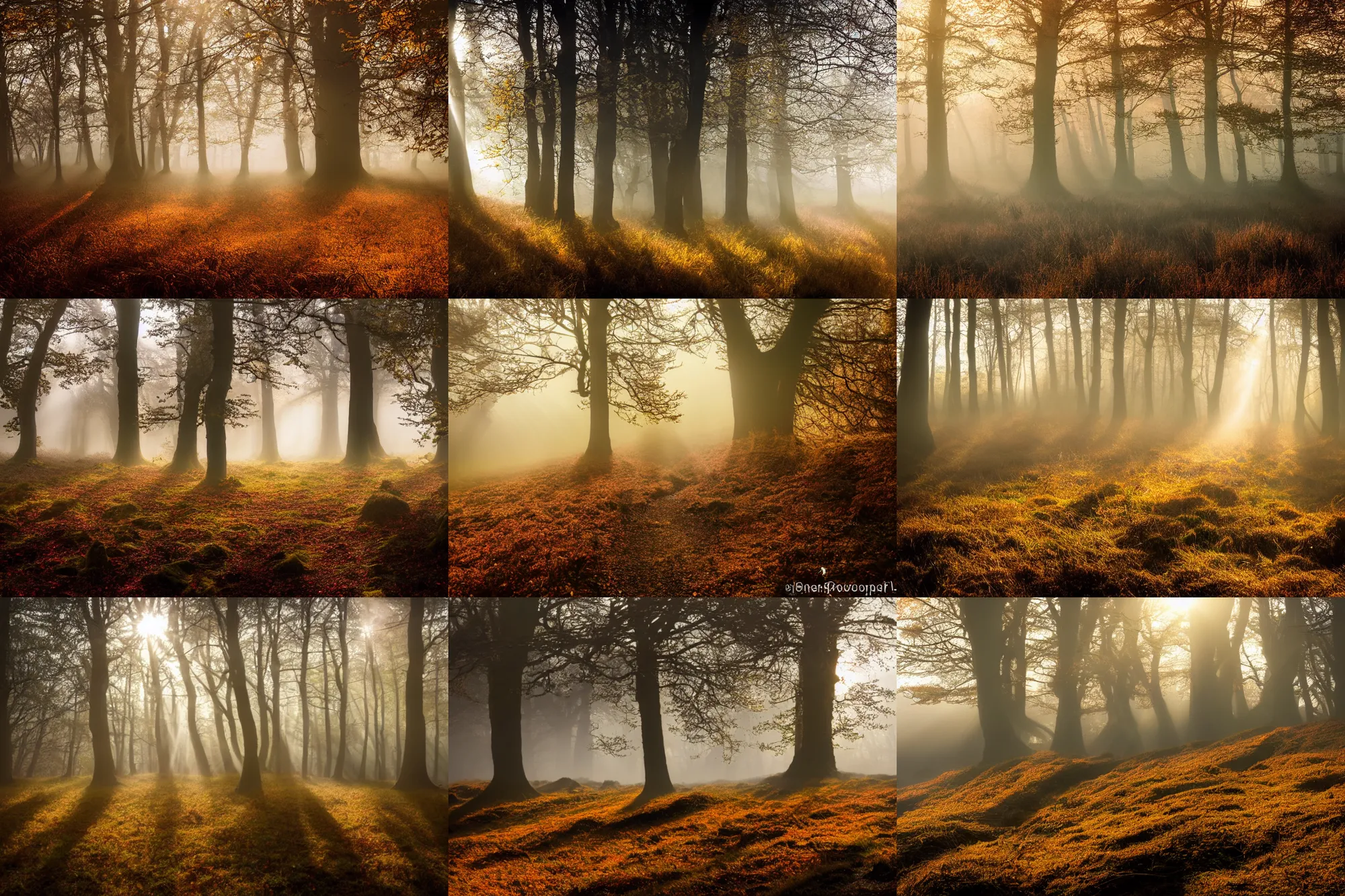 Prompt: beautiful landscape photography of ashdown forest, misty morning in autumn, sun rays, lpoty, award winning