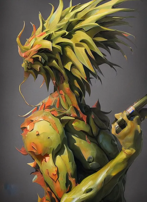 Prompt: semi reallistic gouache gesture painting, by yoshitaka amano, by ruan jia, by Conrad roset, by dofus online artists, detailed anime 3d render pineapple alien monster, pineapple terrible alien monster, antrophomorfic pineapple , portrait, cgsociety, artstation, rococo mechanical, Digital reality, sf5 ink style, dieselpunk atmosphere, gesture drawn