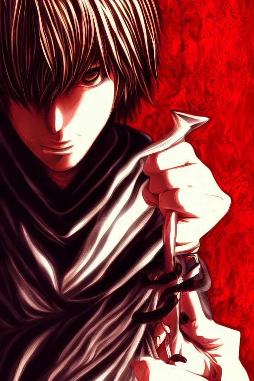 Prompt: light yagami, highly detailed, digital art, sharp focus, trending on art station, red eyes, death note, anime art style