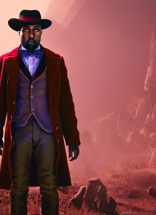 Image similar to portrait kanye west as willy wonka in red dead redemption 2, splash art, movie still, cinematic lighting, ray tracing, octane render, long lens, shallow depth of field, bokeh, anamorphic lens flare, 8 k, hyper detailed, 3 5 mm film grain