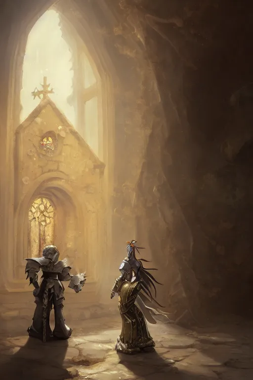 Image similar to baroque oil painting of anime key visual concept art of rustic grand stone chapel with female knight standing in the doorway wearing silver armor with gold trims, trending on artstation, brush strokes, oil on canvas, style of kawacy and makoto shinkai and greg rutkowski and studio ghibli