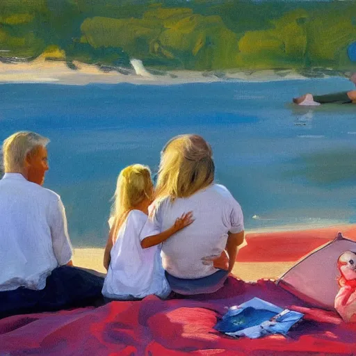 Image similar to a nine year old blonde girl and her two parents sit on a blanket at the beach and watch through sun go down in the style of anders zorn