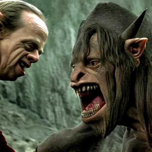 Prompt: film still of Steve Buscemi fighting an orc in Lord of the Rings, 4k