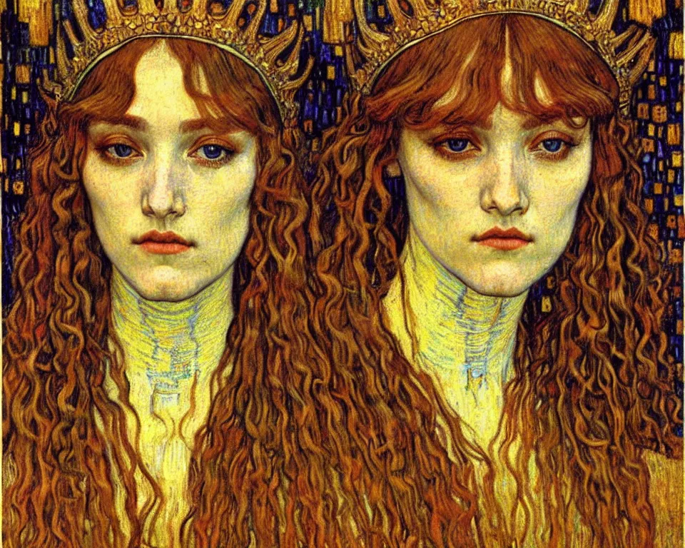 Image similar to detailed realistic beautiful young medieval queen face portrait by jean delville, gustav klimt and vincent van gogh, art nouveau, symbolist, visionary, gothic, pre - raphaelite, muted earthy colors, desaturated