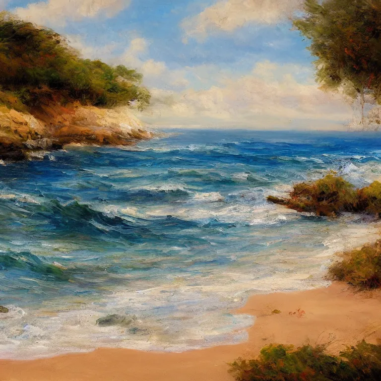 Prompt: a beautiful masterpiece painting of a coastal beach seascape in spring with by juan gimenez, award winning, trending on artstation,