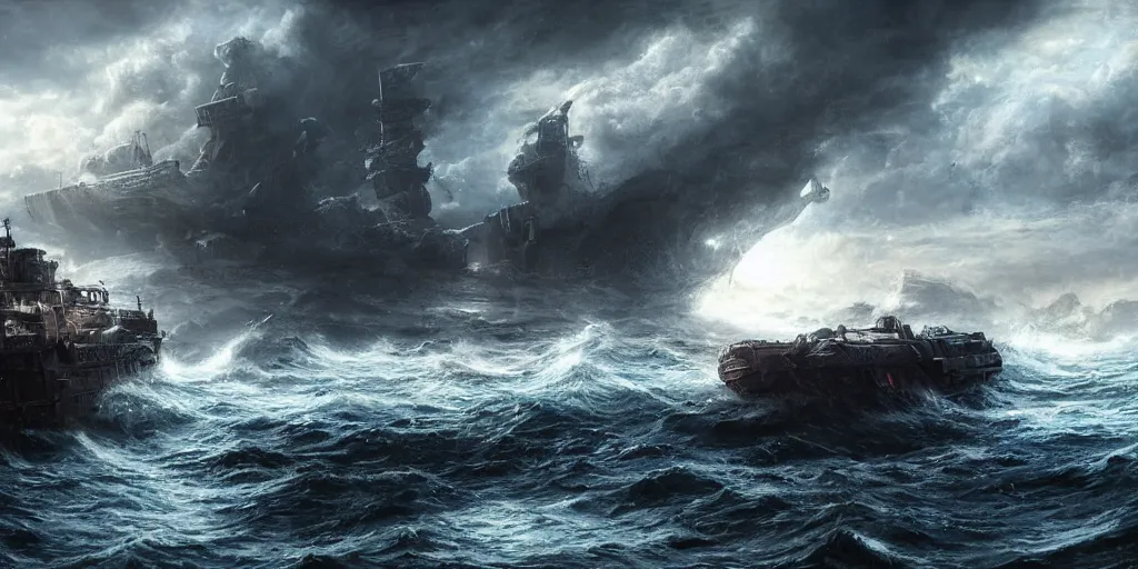 Image similar to scifi barge in turbulent waters in rocky coast, hyper realistic, highly detailed, digital art, apocalyptic, intimidating lighting, raytracing, sharp focus, smooth, romanticism