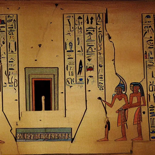 Image similar to a drawing of an oil rig inside an ancient egyptian pyramide,