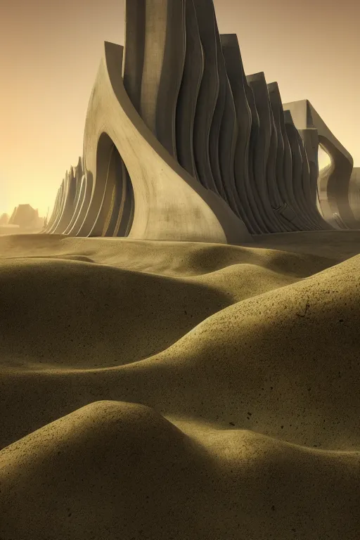 Prompt: sci - fi concrete brutalist architecture in the utah desert, zaha hadid, beksinski, photoreal, highly detailed, 8 k, hd, vray, artstation, trending on behance, cinematic matte painting, extreme detail photo quality, green moss, sunrays, sunset, featured on behance