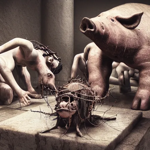 Image similar to a highly detailed realistic photographic render of dead souls worshipping a severed head of a pig with crown of thorns , dead souls, religious sculpture, creepy, cinematic lighting, cinematic scene, Volumetric lighting, Atmospheric scene, Dark, Horror, Atmospheric lighting, Global illumination, realistic, photo realism, hyper realistic, hyper realism, photo realisitc, cinematic render, film, beautifully lit, ray traced, octane 3D render, octane render, unreal engine