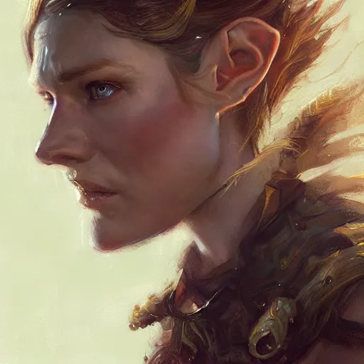 Image similar to A head-on detailed oil portrait of a distinguished elf woman with curly copper horns, long blonde hairs and bright irises, by greg rutkowski, trending on artstation, dungeon and dragons art