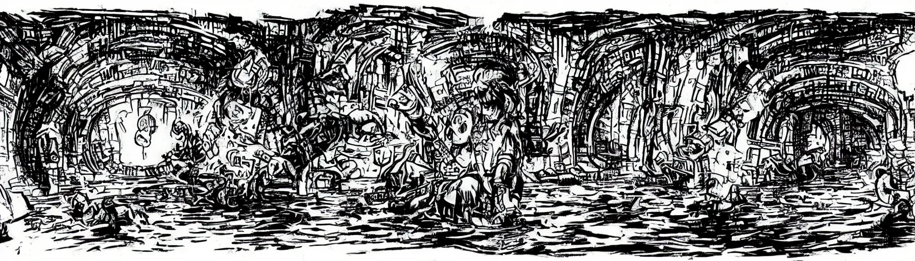 Prompt: concept sketch for studio ghibli's sewer adventures where the wizard stands in a waist - deep river holding a torch in a long twisting sewer tunnel. underground, crumbling masonry, sewage falling from grates. concept art from darkest dungeon