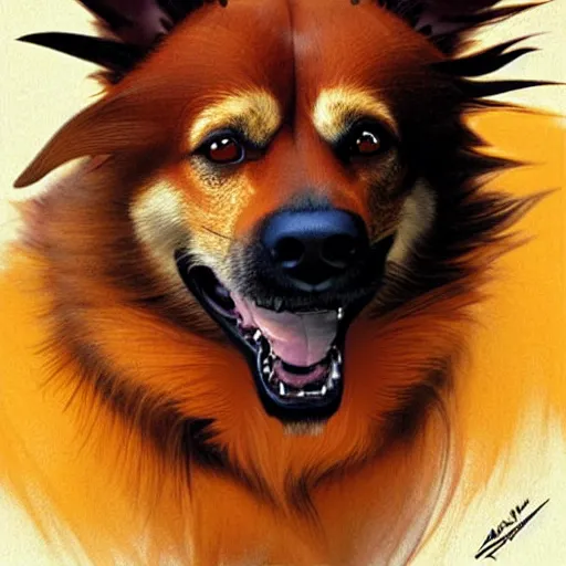 Prompt: orange and brown skinned dog with crazed eyes, and a strained toothy grin smile. has spiky long unwashed hair. he wears a metalic dog collar, smooth, sharp focus, illustration, art by artgerm and greg rutkowski and alphonse mucha