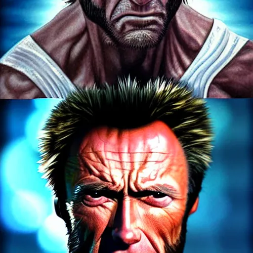 Image similar to Clint Eastwood as Wolverine, metal claw out, X-men angry face, hyper realistic, portrait, high detail skin