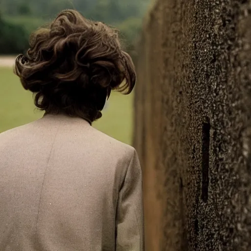 Image similar to Still of a movie set in the 1930s where a terrified young man with long hair is backed up against a stone wall. He is looking utterly panicked and distressed