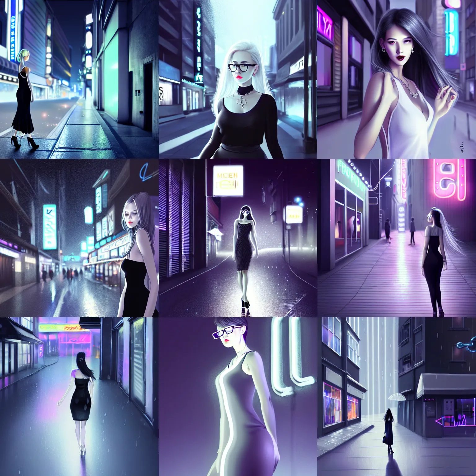 Prompt: medium shot of beautiful curvey female, gray ombre hair, white and black dress, thin frame glasses, silver shining necklace earrings and rings, on sidewalk, nightclub in background neon lights, depth of field, raining, particles, realistic lighting at night, artstation wlop, guweiz, artgerm, concept art, digital painting