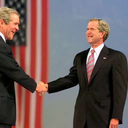 Image similar to george w bush shaking hands with osama bin laden, 8k cinematic lighting, very sharp detail, anatomically correct