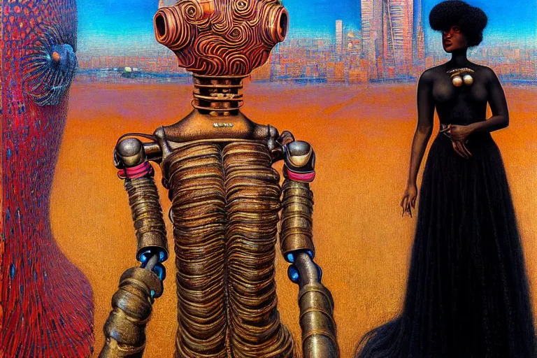 Prompt: realistic extremely detailed portrait painting of a beautiful black woman with in a dress a robot, city street on background by Jean Delville, Amano, Yves Tanguy, Ilya Repin, William Holman Hunt, Ernst Haeckel, Edward Robert Hughes, Roger Dean, rich moody colours