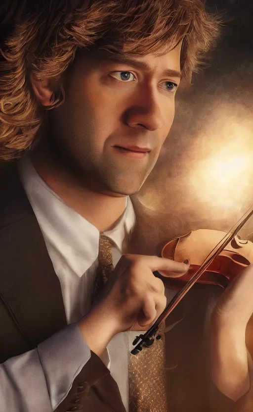 Prompt: beautiful image of jim halpert with antonio vivaldi playing on violin in opera, volumetric light, sharp focus, concept art, intricate details, highly detailed, 4 k