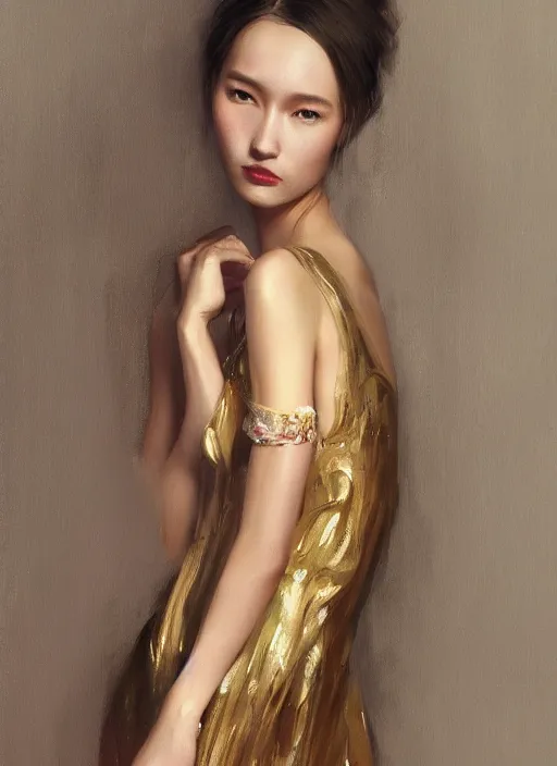 Image similar to girl portrait painting by WLOP, Andrei Riabovitchev, gold skin, transparent dress, highly detailed, harper's bazaar, vogue, magazine, concept art, ornate, luxury, elite, elegant, trending on artstation ,