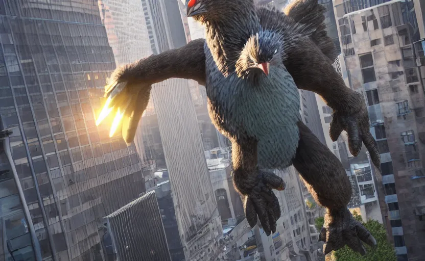 Image similar to giant falco lombardi terrorizing city, highly detailed, extremely high quality, hd, 4 k, 8 k, professional photographer, 4 0 mp, lifelike, top - rated, award winning, cinematic, realistic, detailed lighting, detailed shadows, sharp, no blur, edited, corrected, trending