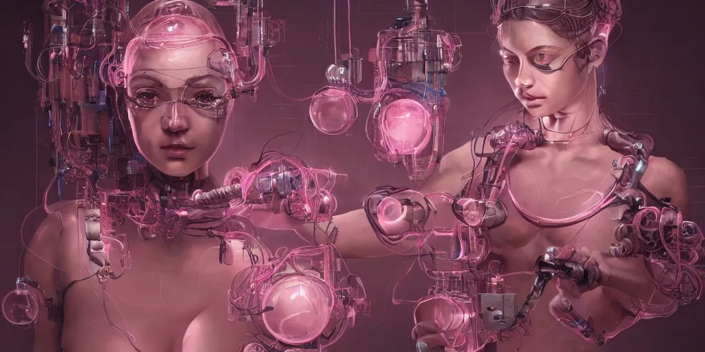 Prompt: hyperrealistic photography of a gorgeous cabled female cyborg scientist making a machine that makes pink bubbles in the style of Jin Kagetsu, James Jean and wlop, highly detailed, masterpiece, award-winning, sharp focus, intricate concept art, ambient lighting, 8k, artstation