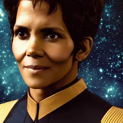 Image similar to a beautiful full body photograph of halle berry as a star fleet admiral from star trek next generation, symmetrical face, extreme realism and detail, 8 k, completely framed, direct lighting, 3 5 mm photo, photorealistic, sharp focus