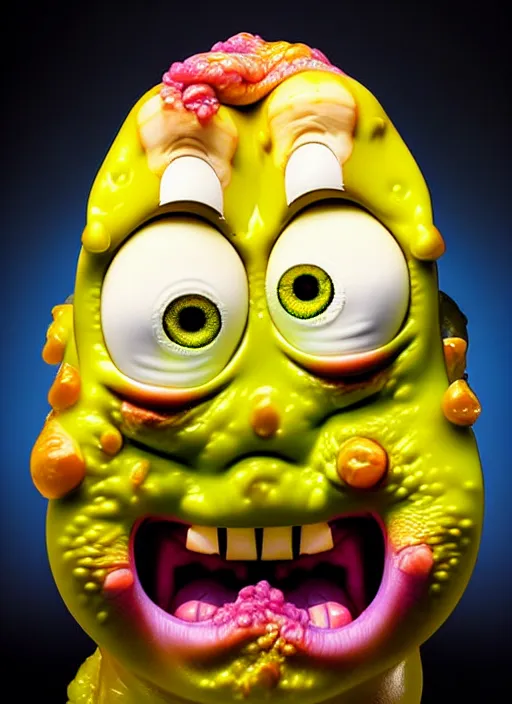 Image similar to hyperrealistic rendering, fat smooth cronenberg flesh monster spongebob face by art of skinner and richard corben and jeff easley, product photography, action figure, sofubi, studio lighting, colored gels, colored background