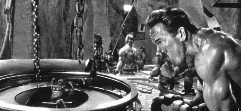 Image similar to film still of arnold schwarzenegger in the pit and the pendulum ( 1 9 6 1 ), pathecolor, 4 0 mm panavision wide - angle lens