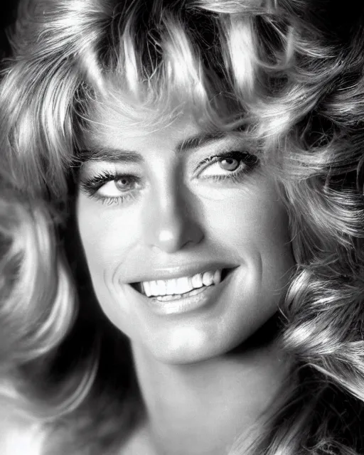 Prompt: closeup portrait of a beautiful young farrah fawcett in a sports illustrated photoshoot, rim lighting, glamour pose, hyper realistic, soft lighting,,, hd, octane, arney freytag!!!