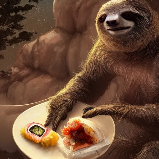 Image similar to detailed science - fiction character portrait of a sloth eating sushi, intricate, wild, highly detailed, digital painting, artstation, concept art, smooth, sharp focus, illustration, art by artgerm and greg rutkowski and alphonse mucha