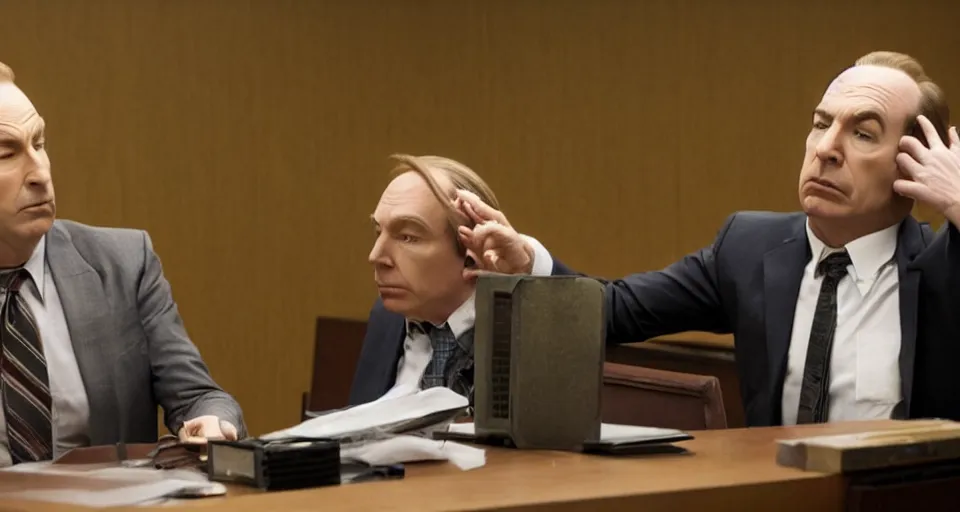 Image similar to bob odenkirk intensely arguing with michael mckean in court, still from better call saul