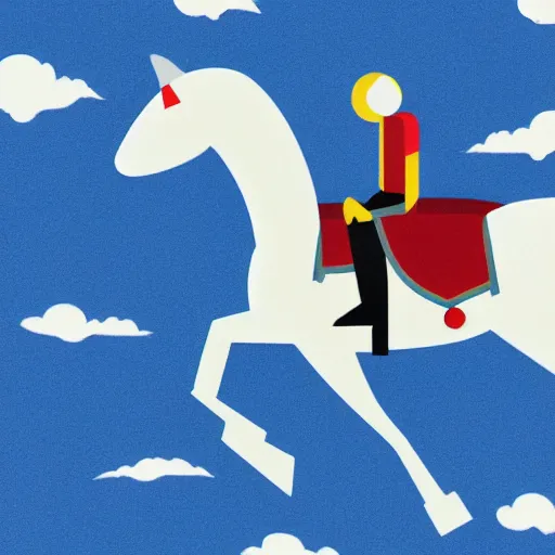 Prompt: A robot is riding a white horse in the blue sky