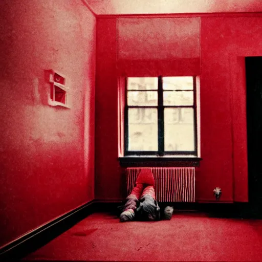 Prompt: a schizophrenia with a stratification of consciousness suffers in despondency in the hyper expanse of the red room