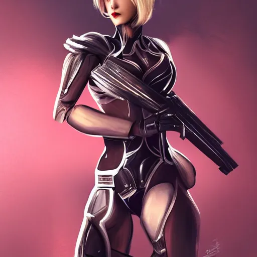 Prompt: A combination of Ada Wong's and Grace Kelly's and Ashley Greene's appearances with blonde hair wearing Warframe armor, high tech, action shot, angular, full body portrait, futuristic, dramatic, fantasy, intricate, elegant, highly detailed, digital painting, artstation, concept art, matte, sharp focus, illustration, 8K, art by Donato Giancola and James Gurney