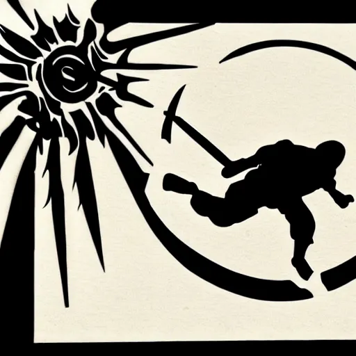 Image similar to tattoo design, stencil, a ninja jumping in the air with a sword