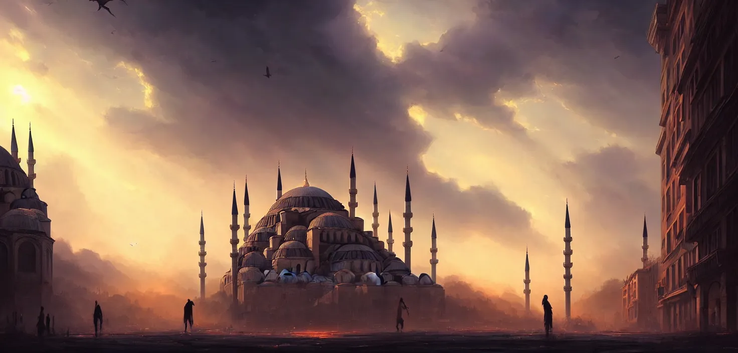 Prompt: istanbul, cinematic view, epic sky, detailed, concept art, low angle, high detail, warm lighting, volumetric, godrays, vivid, beautiful, trending on artstation, by jordan grimmer, huge scene, grass, art greg rutkowski