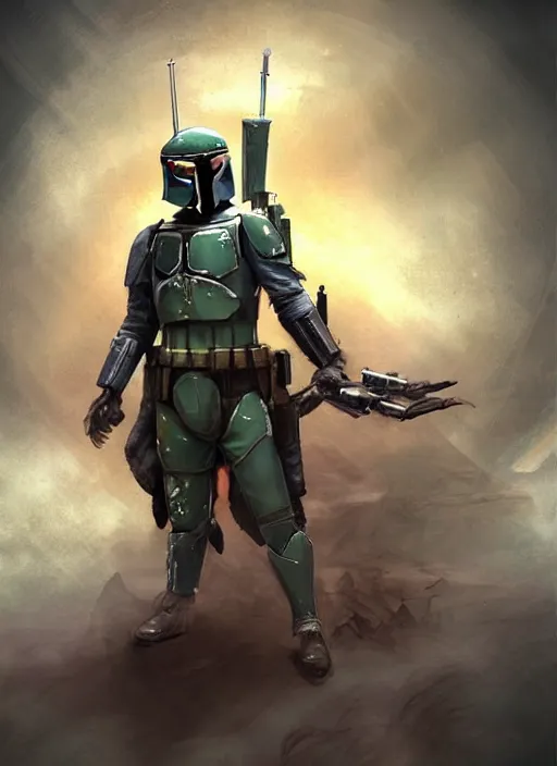 Image similar to boba fett redesign by square enix, final fantasy, detailed, cosmic, muscular, illustration, concept art, D&D, fantasy