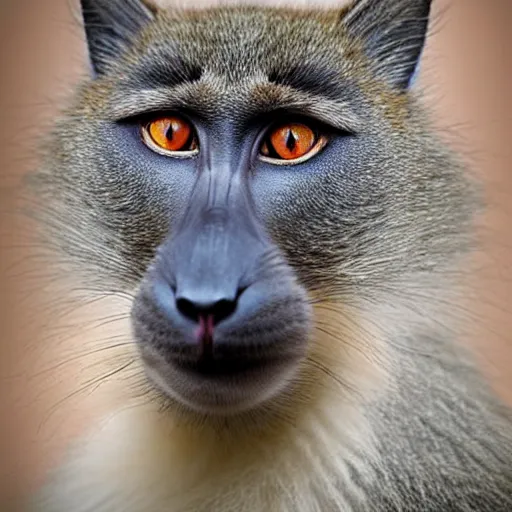 Prompt: a cat - mandrillbaboon - hybrid, animal photography