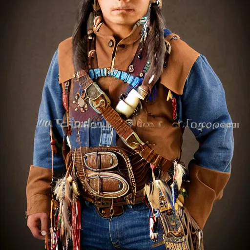 Prompt: young thin native American Indian man, wearing cargo buckskin jacket buckskin tactical toolbelt pockets bandolier full of trinket and baubles, steampunk arcane shaman, deadlands, weird west