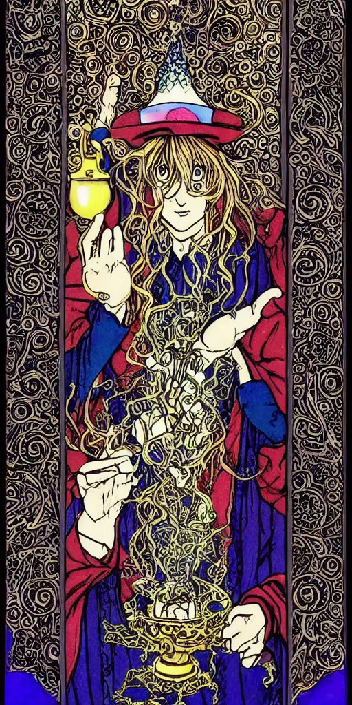 Image similar to a mystical man with a goblet on the table, wizard hat, drawn by Naoko Takeuchi, impressive line work, tarot card. tarot card the magician, psychedelic, intricate, detailed