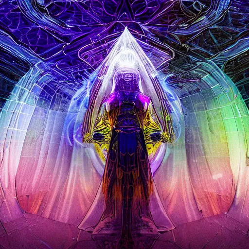 Image similar to A space wizard stand in front of giant, glowing crystal sits in the center of a dark room, Strange symbols line the walls, and a soft light glows from somewhere deep within the room, highly detailed, digital photo, HDRI, by christopher bretz and kael ngu, vivid colors, high contrast, 8k resolution, intricate, photorealistic, smooth, psychedelic color scheme, concept art, award winning, cg society contest winner