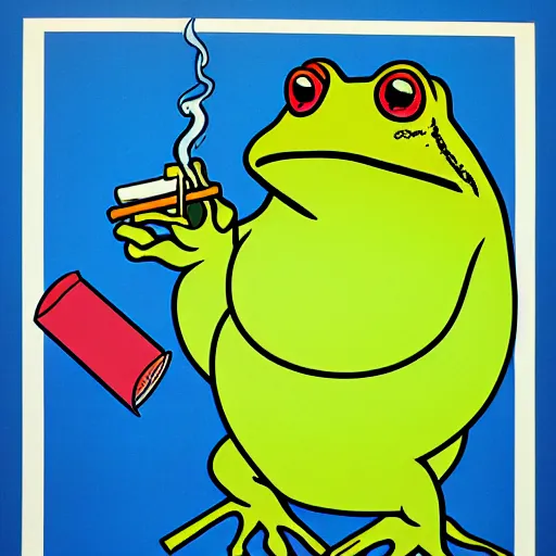 Image similar to A 1980s informational poster from a convention center displaying a cool toad smoking a cigarette. highly detailed, sharp focus, HQ, post grunge, subtle colors.