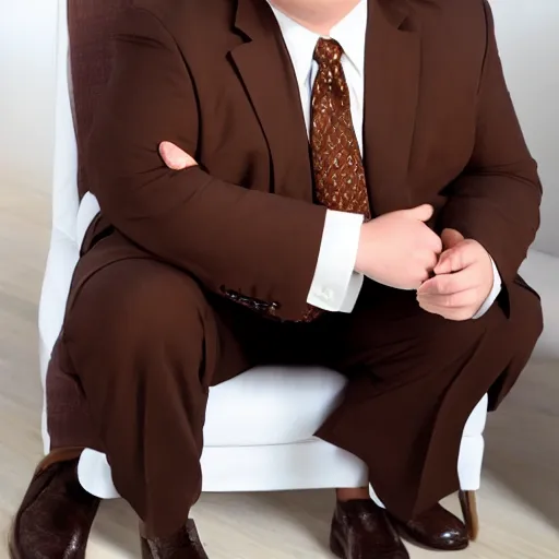 Image similar to Andy Richter is wearing a chocolate brown suit and necktie. He is in a bedroom lit by bright morning light and sitting upright in a bed stretching his arms. His mouth his wide open from yawning.