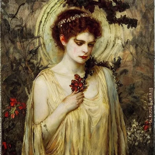 Image similar to portrait of persephone as goddess of death, by alfred stevens